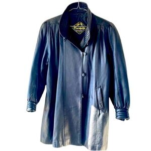 VINTAGE BLACK LEATHER ROUND NECK LEATHER 3/4 BUTTON UP LEATHER TRENCH SIZE 46